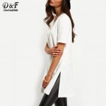 Female Hot Sale New Arrival Vogue Brand Casual Women Tees Korean Style White Crew Neck Short Sleeve Ribbed Side Slit T-Shirt