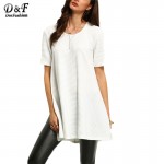 Female Hot Sale New Arrival Vogue Brand Casual Women Tees Korean Style White Crew Neck Short Sleeve Ribbed Side Slit T-Shirt