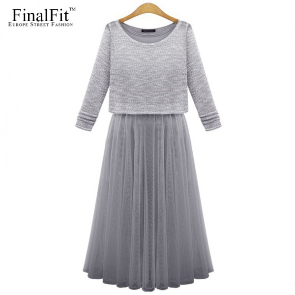 FinalFit Tulle Midi Summer Dress Women Casual Pleated Slim Gauze Two Piece Women Dress Vestidos Long Sundress+Tops