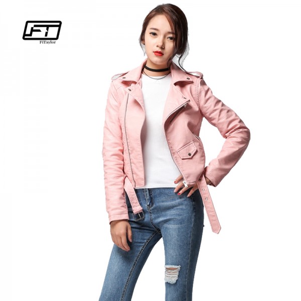 Fitaylor 2017 Spring Autumn Women Faux Soft Leather Jacket Long Sleeve Pink Biker Coat Zipper Design Motorcycle PU Red Jacket