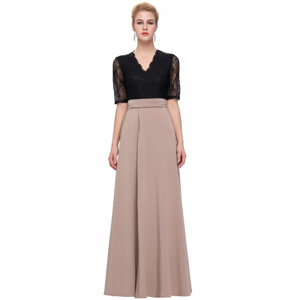 Floor Length Maxi Dress Sexy V-Neck Black White Lace Women Long Dress Half Sleeve Summer Dress Splicing High Split Party Dresses