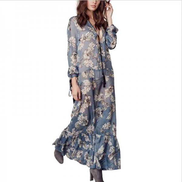 Floral print boho chiffon long dress Autumn winter tassel ruffle hem maxi dress robe Vintage loose beach dress vestidos