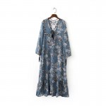 Floral print boho chiffon long dress Autumn winter tassel ruffle hem maxi dress robe Vintage loose beach dress vestidos