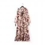 Floral print boho chiffon long dress Autumn winter tassel ruffle hem maxi dress robe Vintage loose beach dress vestidos