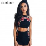 Flower Embroidery Suede Bodycon Dress Suit Vintage Two-Piece Suit Dress Women Halter Backless Sexy Dress Vestido De Festa