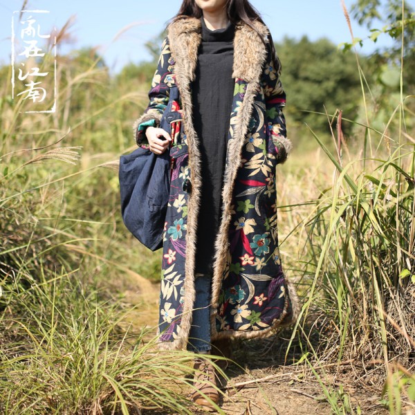 Folk Style Winter Coat Jacket  Jaqueta Feminina Fur Collar Long Dust Coat Windbreaker Trench Coat Vintage Cotton-Padded Clothes