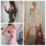 ForeFair Cotton Long Sleeve Covered Button V-neck Sexy Bodycon Dress Women Red Pink Knitted Basic Casual Winter Autumn Dress