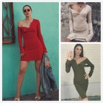 ForeFair Cotton Long Sleeve Covered Button V-neck Sexy Bodycon Dress Women Red Pink Knitted Basic Casual Winter Autumn Dress