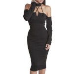 ForeFair New Women Off Shoulder Backless Sexy Bandage Bodycon Party Dresses Women Long Sleeve Midi Halter Autumn Dress