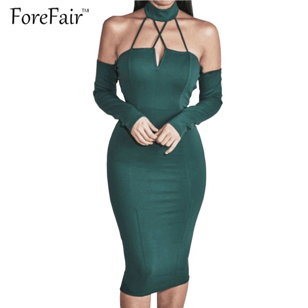 ForeFair New Women Off Shoulder Backless Sexy Bandage Bodycon Party Dresses Women Long Sleeve Midi Halter Autumn Dress