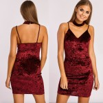 ForeFair Trend Sling Sexy V-neck Backless Bodycon Party Dresses with Collar Purple Pink Khaki Mini Sexy Velvet Dress Plus Size