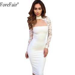 ForeFair Turtleneck Patchwork Elegant Bodycon Club Party Dresses Women Slim Black White Midi Lace Sexy Dress