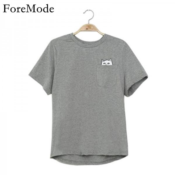 ForeMode 2016 Women fashion t-shirts grey plain cat  T-shirts black cotton t-shirt grey funny cat shirt both man and women    