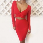 Forefair Sexy Criss Cross Bodycon Dress Women Spring Long Sleeve Night Club Wear Bandage Party Dresses Black Red Blue Vestidos