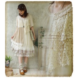 Forest Girl Style Ruffle Loose Plus Size Lace Patchwork Asymmetrical Dress Double Layer Mori Girl Retro Vantage Dress Novelty