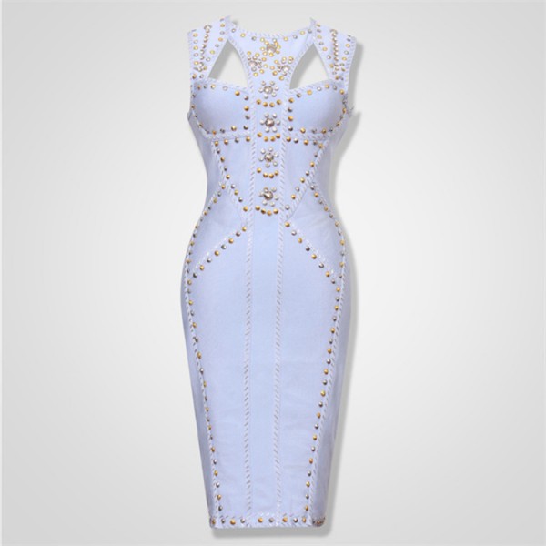 Free Shipping 2016 Elegant Women Dresses New Arrival Light Blue Metal Embellished HL Celebrity Bandage Dress