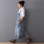Free Shipping 2016 New Fashion Loose Denim Dresses With Holes Jeans Suspenders One Piece All-match Long Maxi Summer Ladies Dress