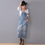 Free Shipping 2016 New Fashion Loose Denim Dresses With Holes Jeans Suspenders One Piece All-match Long Maxi Summer Ladies Dress