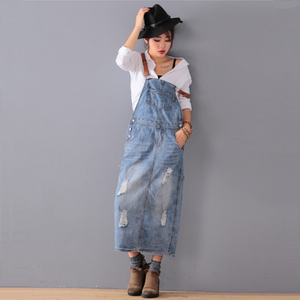 Free Shipping 2016 New Fashion Loose Denim Dresses With Holes Jeans Suspenders One Piece All-match Long Maxi Summer Ladies Dress