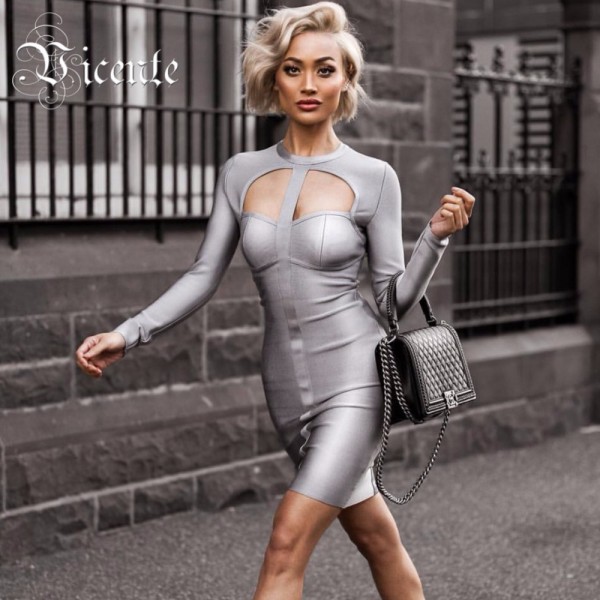 Free Shipping! 2017 New Chic Grey Cut Out Long Sleeves Party Celebrity Women Wholesale Bandage Dress