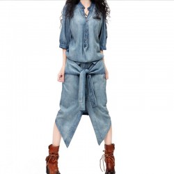 Free Shipping 2017 New Fashion Denim Dress Shirt For Women Personalized One-piece Vintage Jeans Long Mid-calf Half Sleeve Dress