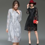Free Shipping 2017 Sexy Geometric retro O-neck long-sleeved A-line black gray lace dress Hollow out party dress vestidos 