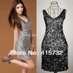 Free Shipping 2017 Sexy V-neck Fashion Mini Disco Dress Paillette Elastic Sleeveless Dress Short Sequined Party Dress For Women