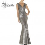 Free Shipping! Elegant Sexy Vneck Oil Print Embellished Flared Bottom Gown HL Celebrity Maxi Long Bandage Dress