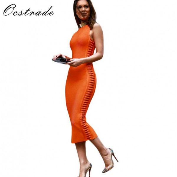 Free Shipping Womens Dresses New Arrival 2017 Summer Orange Side Weave Midi Vestidos Bandage Dresses Women Rayon Red Black White