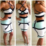 Free shipping! HOT SALE! Summer Color Blocked Halter Two-piece Set HL NEW Bandage Dress