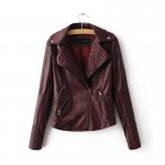 Free shipping casual women short paragraph wild stitching high waist lapel zipper pocket solid color leather jacket coat