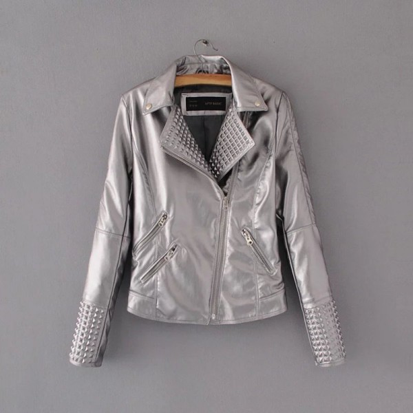 Free shipping casual women short paragraph wild stitching high waist lapel zipper pocket solid color leather jacket coat