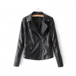 Free shipping casual women short paragraph wild stitching high waist lapel zipper pocket solid color leather jacket coat