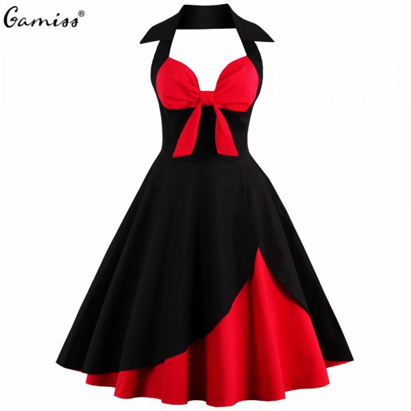 GAMISS Retro Summer Women Dress 60S 50S S-4XLSleeveless Patchwork Halter Party Vintage  Vestidos Saias Feminina Party Dress