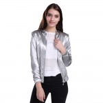 GCARO 2017 Women Silver Bright Jacket With Lining High Quality Smooth Soft Cropped Coat New Early Spring Plus Size XL Outwear 