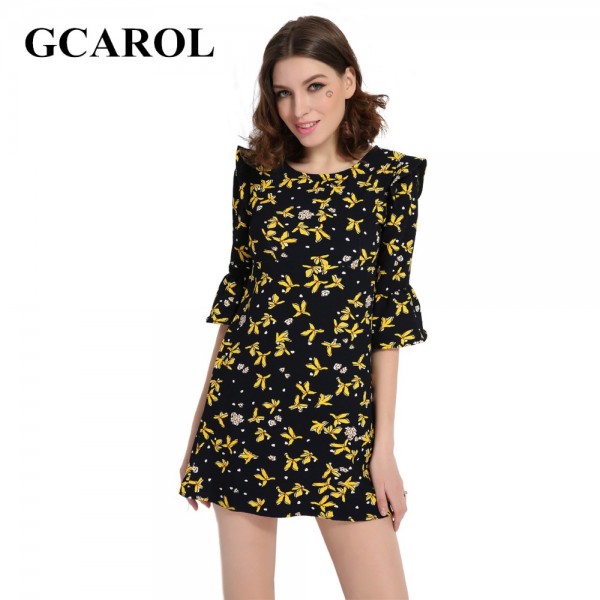 GCAROL New Arrival Women Floral Dress Flare Sleeve Spring Autumn High Quality Flowers Mini Dress For Ladies