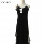 GCAROL Women Velvet Lace Spliced Straps Dress Euro Style  Vintage Sexy Basic Long Dress 2 Colors For 4 Season 
