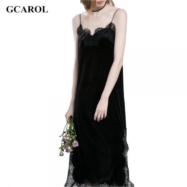 GCAROL Women Velvet Lace Spliced Straps Dress Euro Style  Vintage Sexy Basic Long Dress 2 Colors For 4 Season 