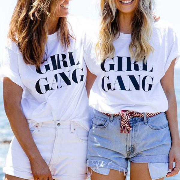 GIRL GANG print Best friend t shirt femme black white large size cotton women tshirt tops loose casual women t-shirt S-2XL 