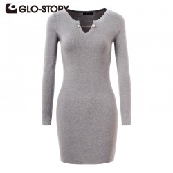 GLO-STORY Brand Women Dress 2017 Chic Fashion Long Sleeve Autumn Winter Dress Sexy Party Bodycon Sweater Pullovers WMY-3180
