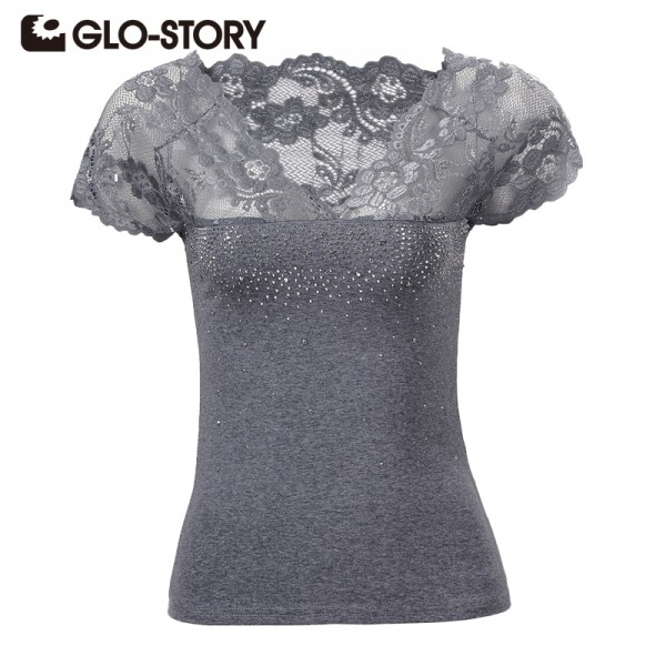 GLO-STORY New High Quality Summer Women Basic T shirt 2017 Sexy Lace Patchwork V-neck Female Tops tees 4 colors tshirt WMY-1363