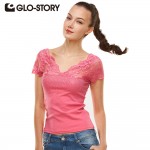 GLO-STORY New High Quality Summer Women Basic T shirt 2017 Sexy Lace Patchwork V-neck Female Tops tees 4 colors tshirt WMY-1363