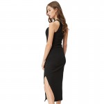 GLO-STORY Women Sexy Party Dress 2018 Black Elegant Sleeveless Bodycon Femmes Side Slit Ribbed Mid-Calf Dress Vestidos WYQ-1366