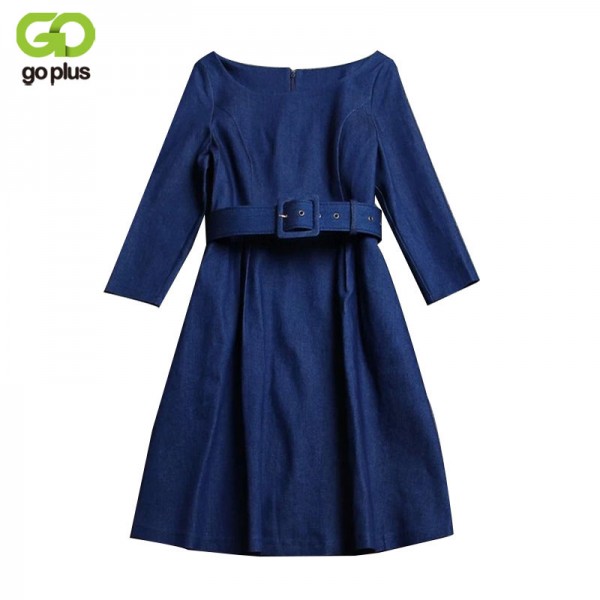 GOPLUS 2018 Denim Dress Spring Autumn Women Casual Round Collar Dress Empire Jeans Knee-length Dress Vestidos Plus Size XXL