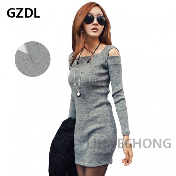 GZDL Fashion Autumn Winter Women Sweater Knitted Dress Long Sleeve Bodycon Stretch Woman Solid Casual Party Lady Dresses CL1114