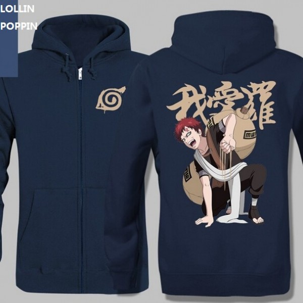 Gaara Hoodies Sabaku No Gaara Printed Japanese Anime Naruto Fleece Zip Up Hooded Sweatshirts Mens Hoody Free Shipping