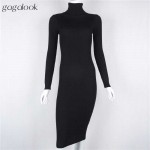 Gagalook 2016 Brand Winter Knitted Dress Women Black Red Turtleneck Midi Bodycon Christmas Sweater Dress Robe Pull Femme Hiver