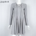 Gagalook 2016 Brand Winter Women Suede Dress Vintage Robe Sexy Long Sleeve V Neck Lace Up Short Princess Dress Vestidos D1142