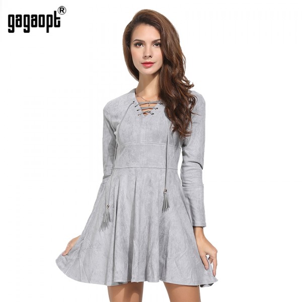 Gagaopt 2017 Jurken Spring Dress Sexy Vintage Dress Fashion Gray Bandage Boho V-neck Princess Party Dresses Vestidos Robes