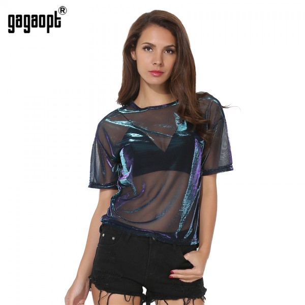 Gagaopt 2017 Summer Sexy Mesh Tee See-Through Women T-shirts Short Sleeve Perspective Shine Casual Women Tops Lady Vintage Blusa